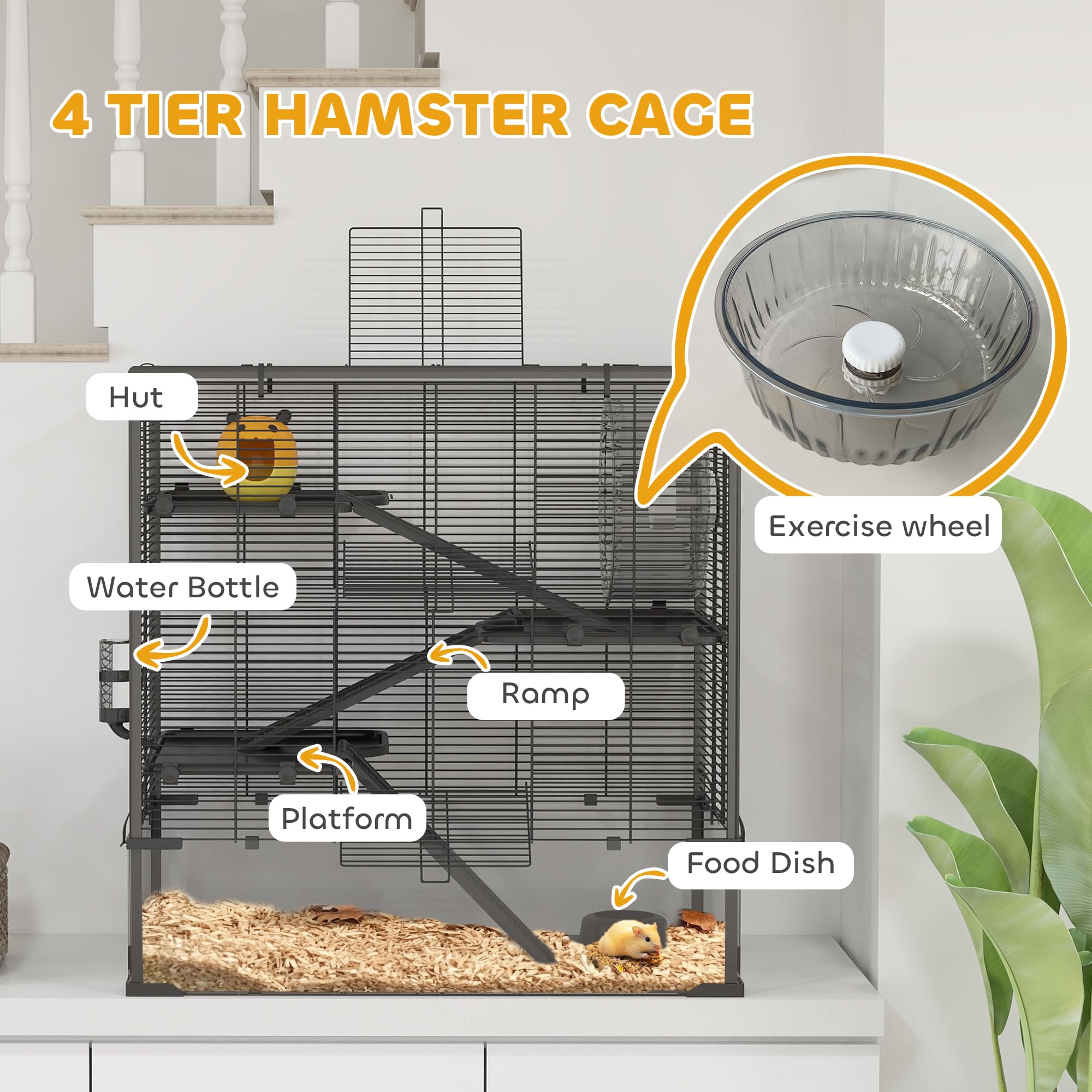 Pawhut Large Hamster Cage With Deep Tempered Glass Bottom, 4 Tiers Hamster Tank With Running Wheel, Hut, Water Bottle, Dish, Rat